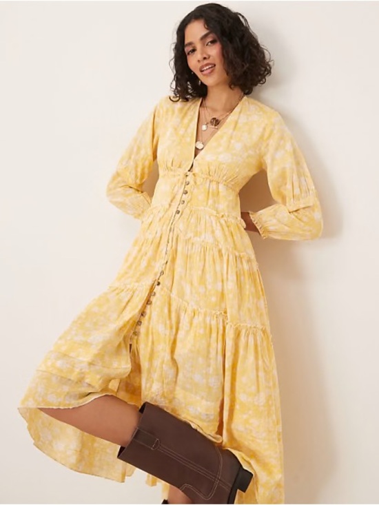 Free People Dresses & Skirts - Free People Yellow Floral Button-Front Midi Dress
